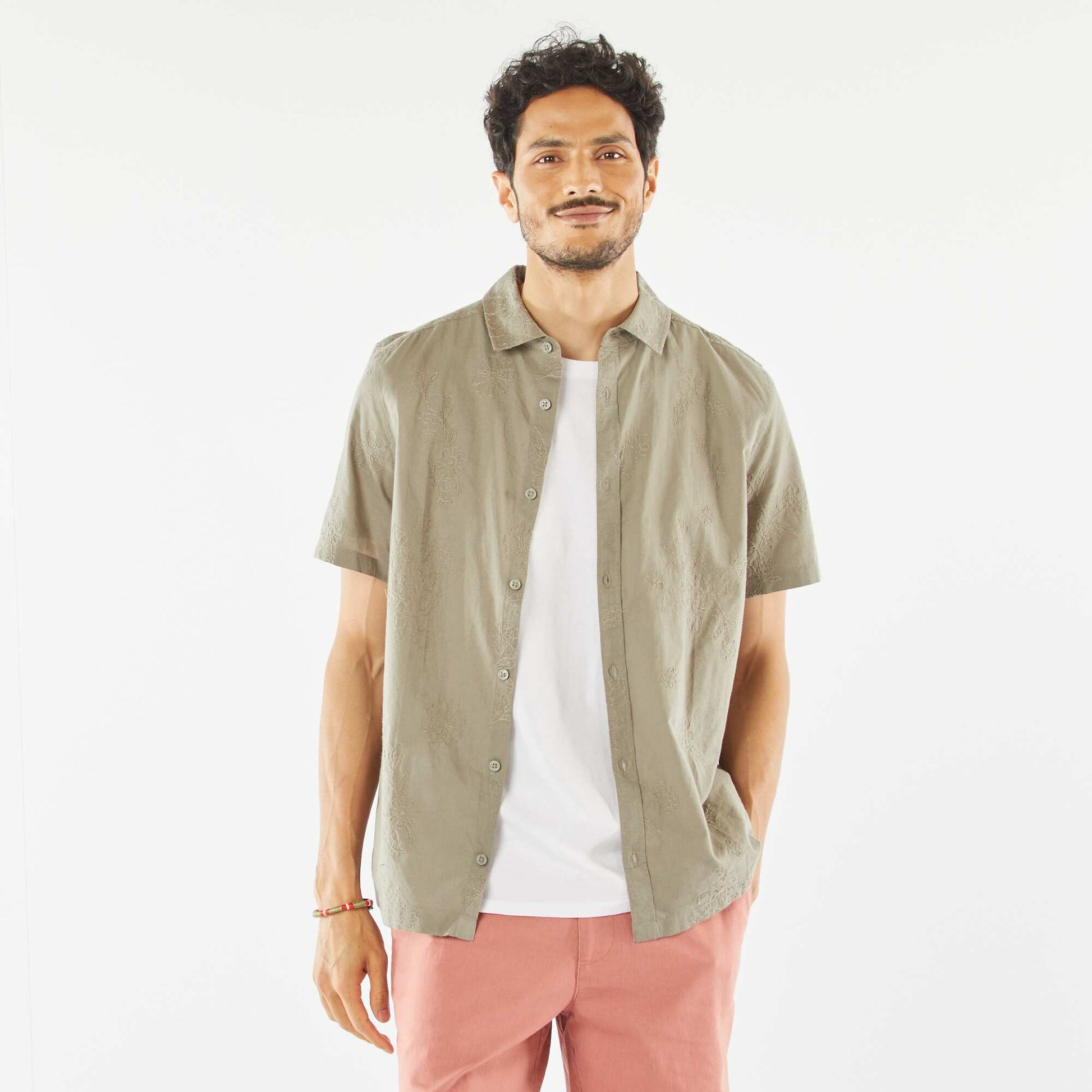 Chemise manches courtes à motifs brodés KAKI