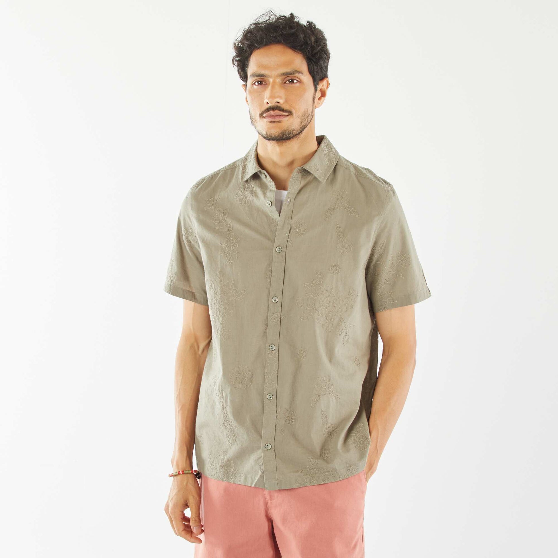 Chemise manches courtes à motifs brodés KAKI