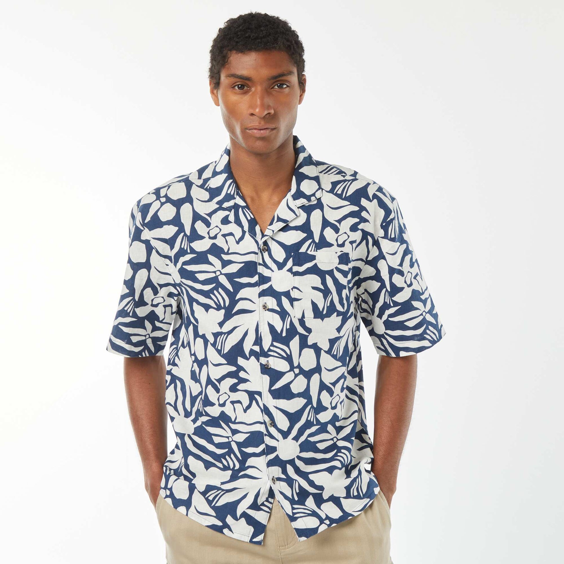 Chemise manches courtes imprimée en lin mélangé BLEU