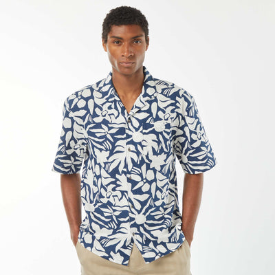 Chemise manches courtes imprimée en lin mélangé BLEU