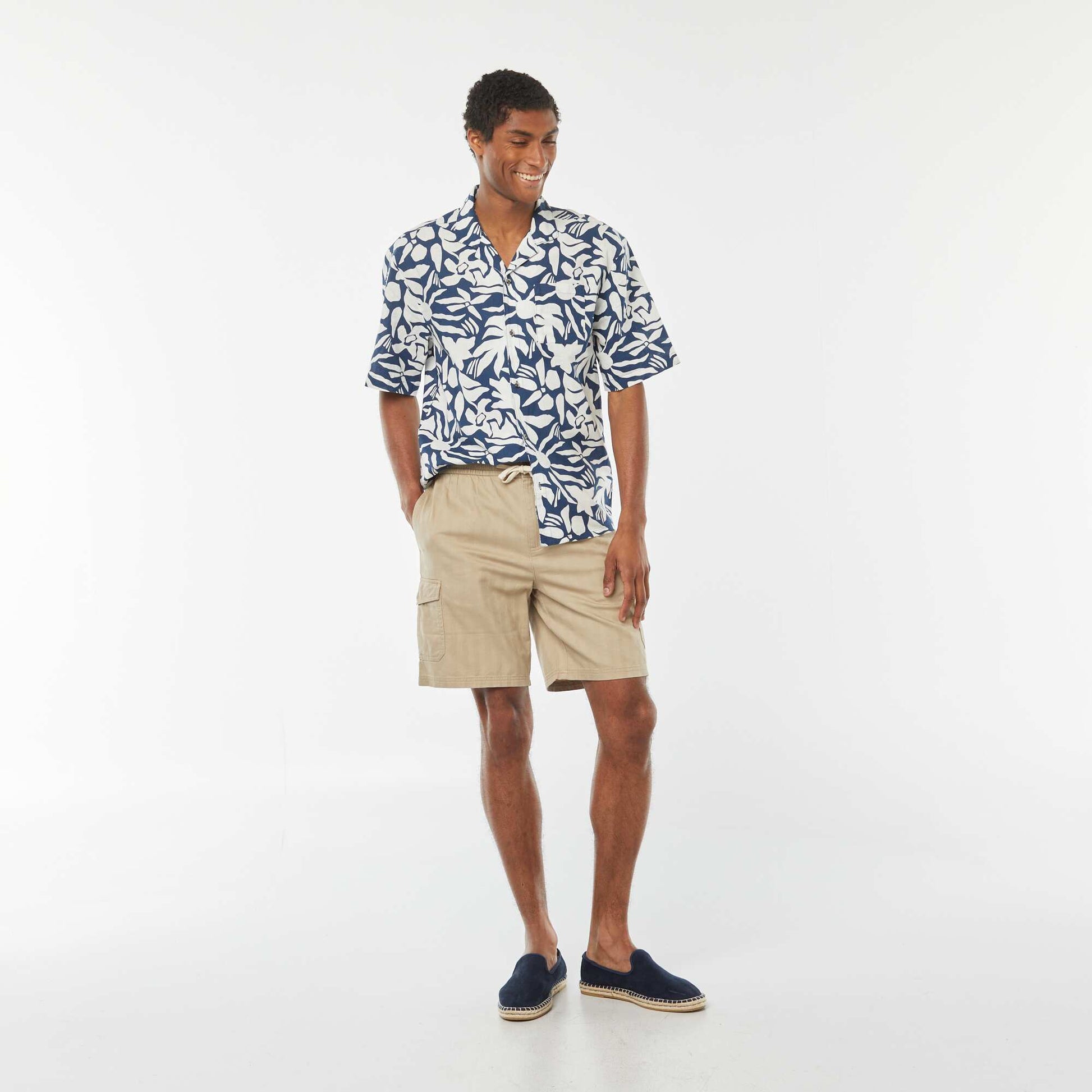 Chemise manches courtes imprimée en lin mélangé BLEU