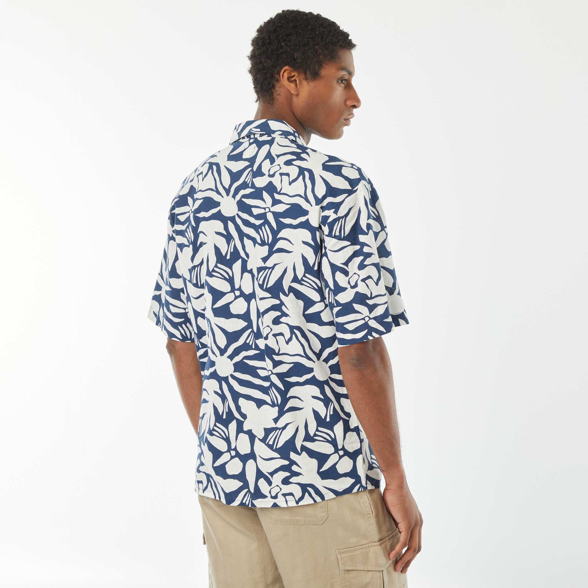 Chemise manches courtes imprimée en lin mélangé BLEU