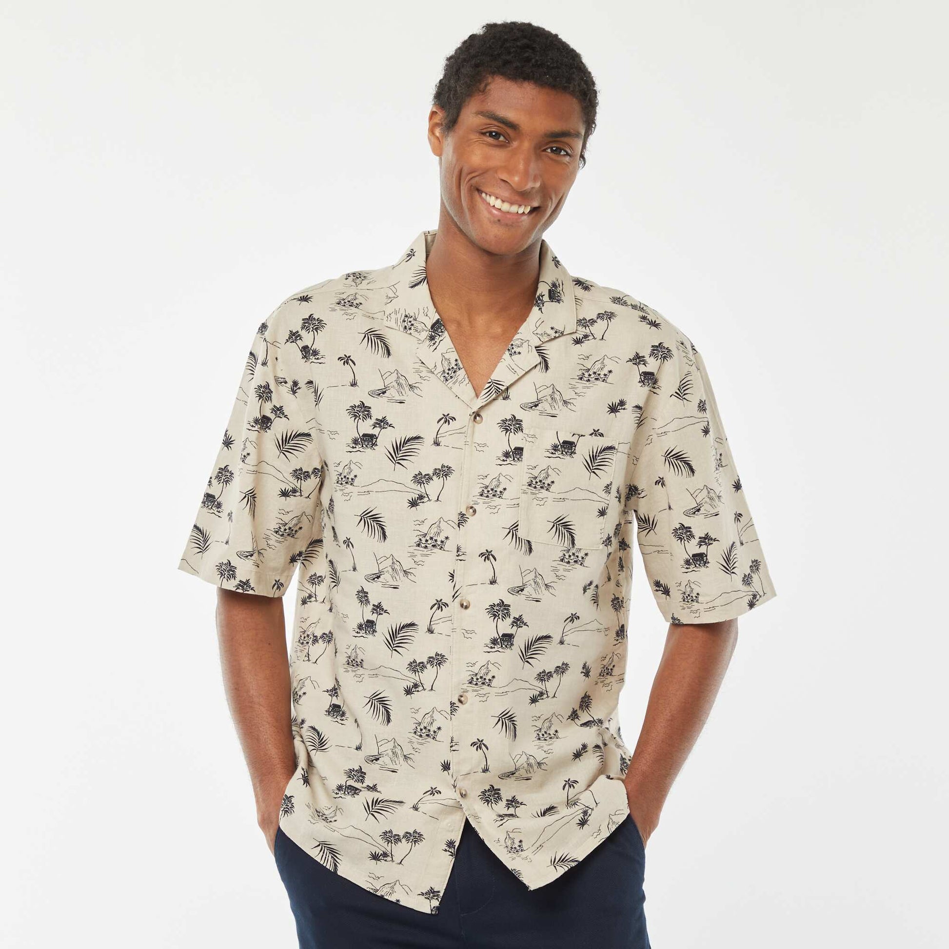 Chemise manches courtes imprimée en lin mélangé BEIGE
