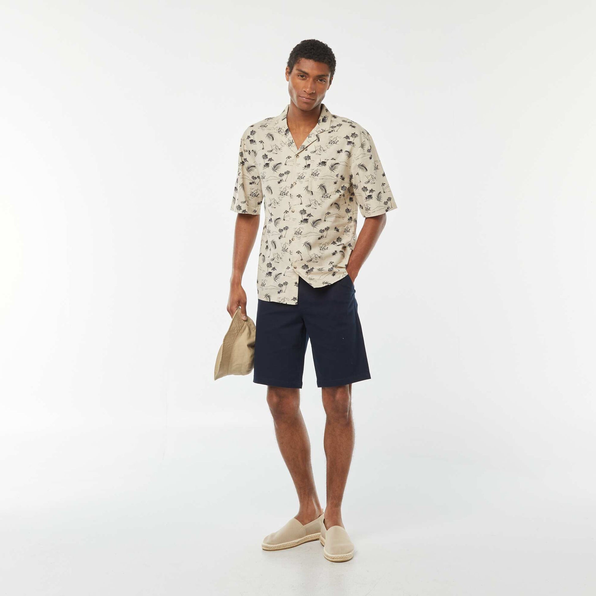 Chemise manches courtes imprimée en lin mélangé BEIGE