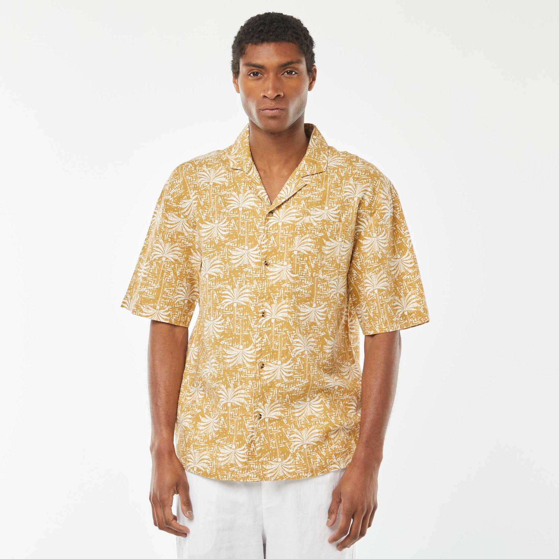 Chemise manches courtes imprimée en lin mélangé JAUNE