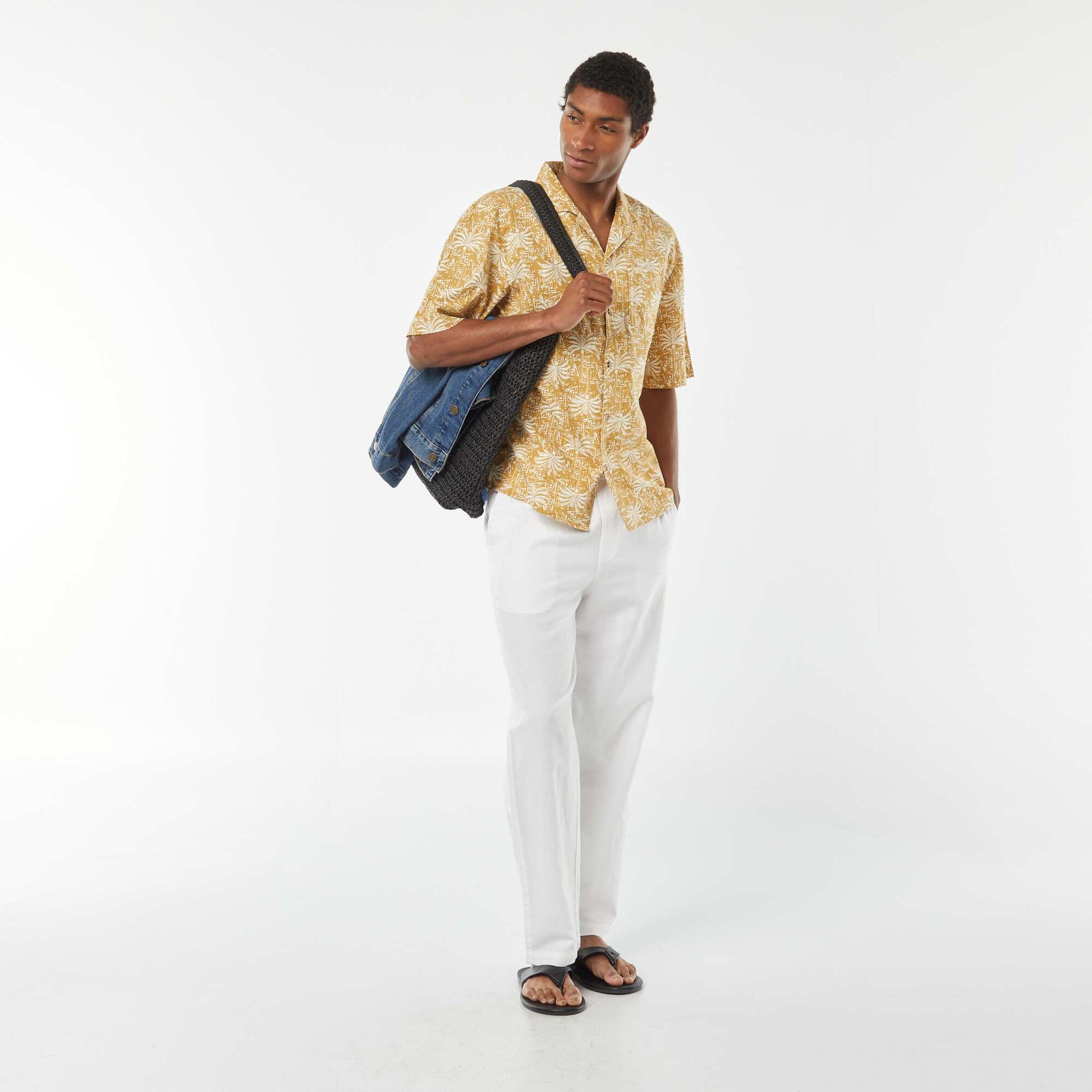 Chemise manches courtes imprimée en lin mélangé JAUNE