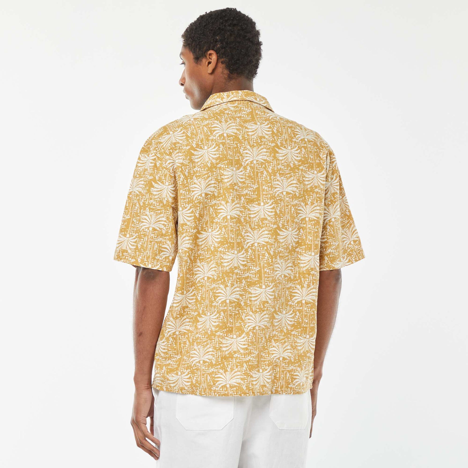 Chemise manches courtes imprimée en lin mélangé JAUNE