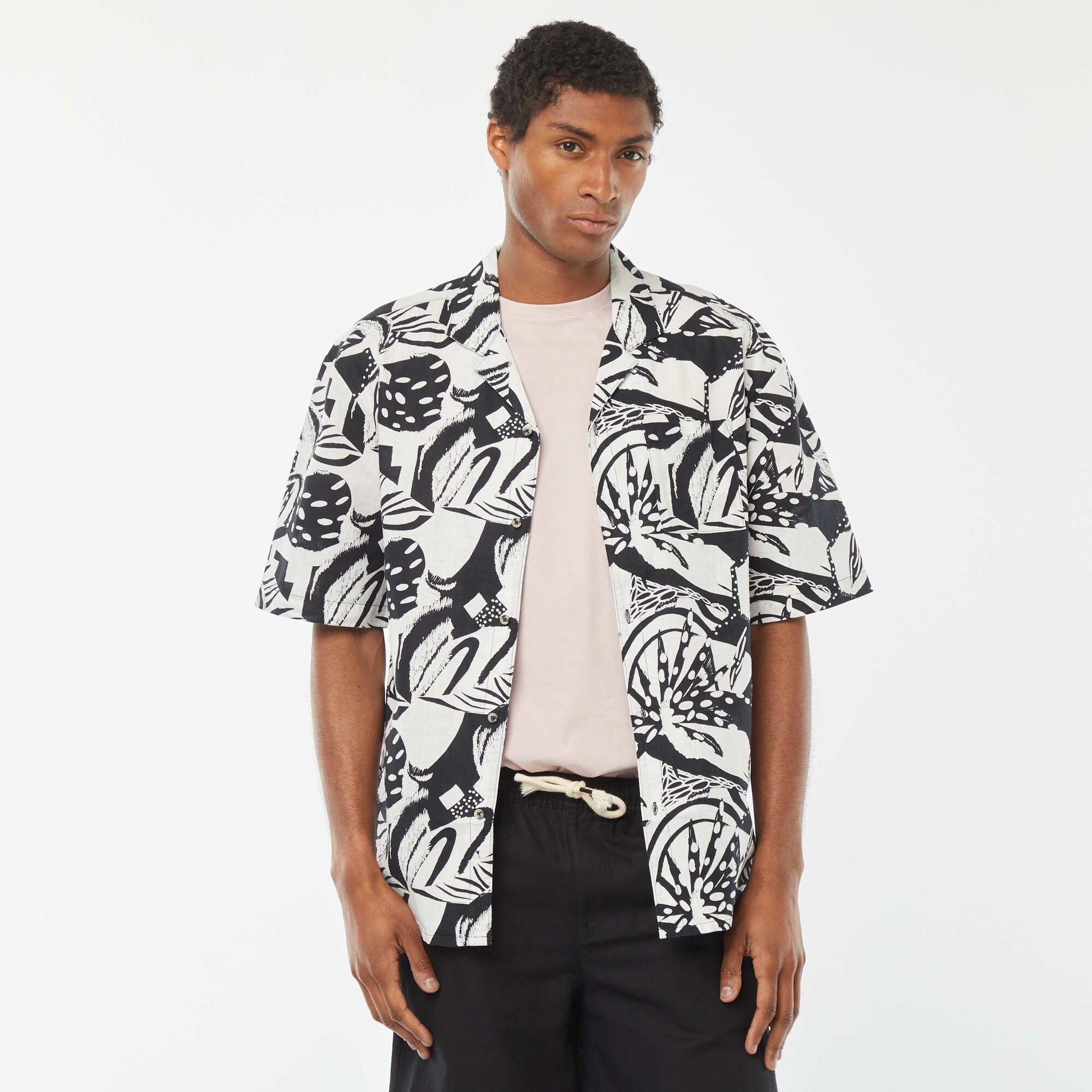 Chemise manches courtes imprimée en lin mélangé BLANC
