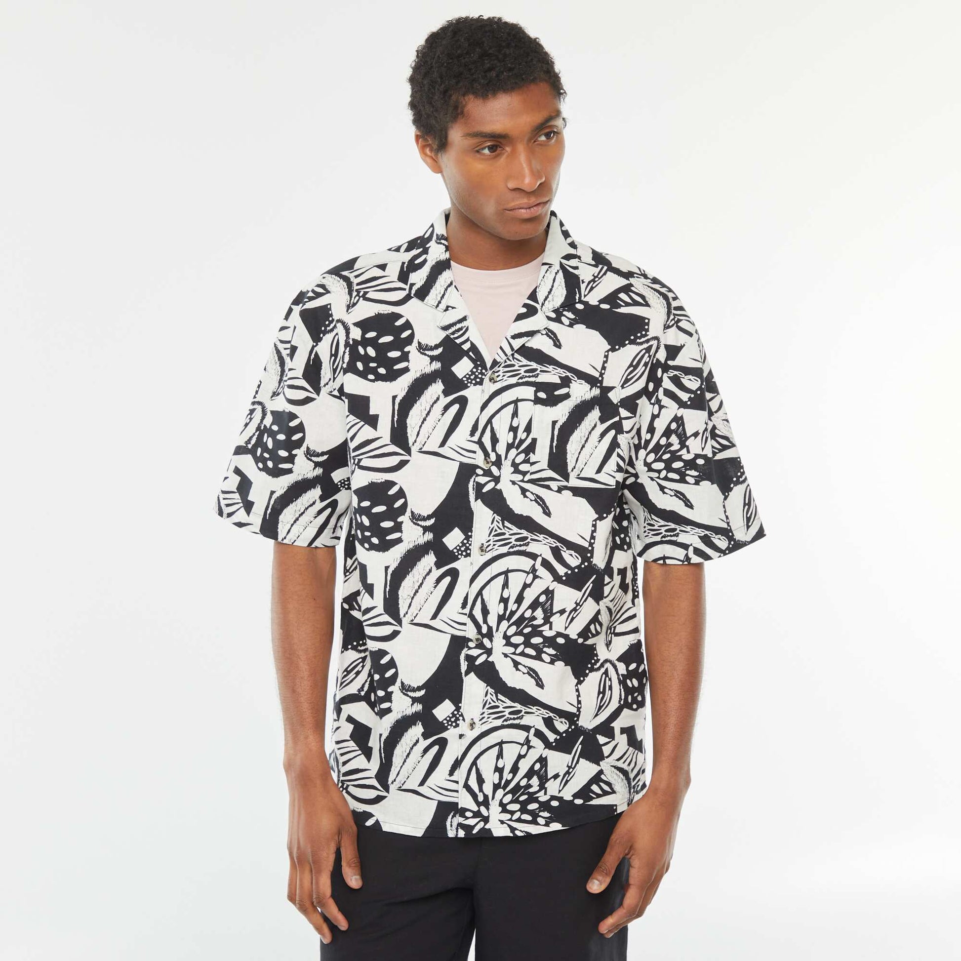 Chemise manches courtes imprimée en lin mélangé BLANC