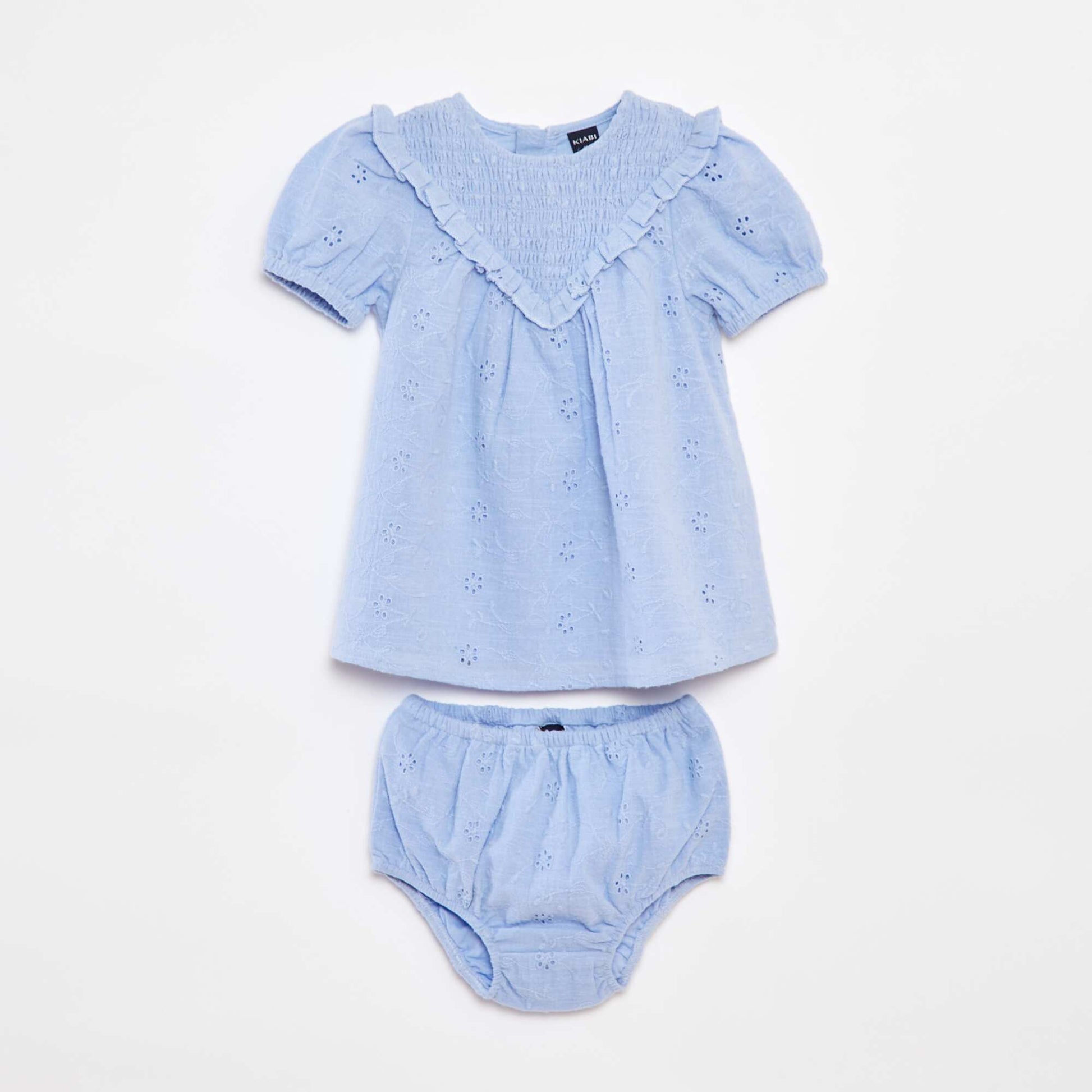Ensemble robe avec broderies anglaises + culotte - 2 pièces BLEU