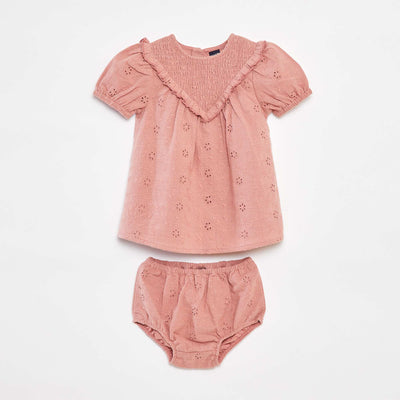 Ensemble robe avec broderies anglaises + culotte - 2 pièces ROSE