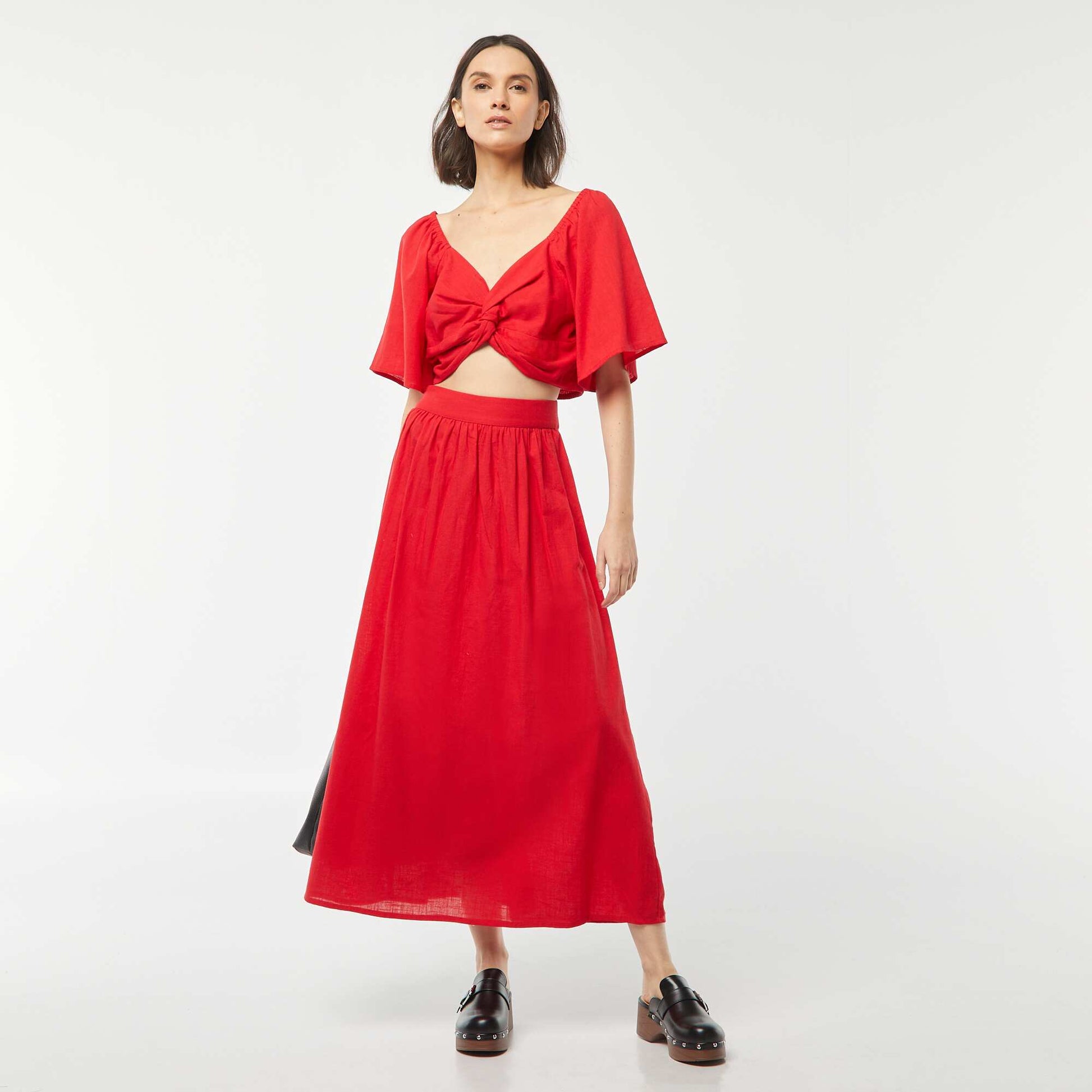 Jupe longue évasée avec taille élastiquée ROUGE