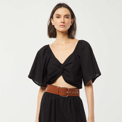 Blouse cropped avec noeud fantaisie et manches forme papillon NOIR
