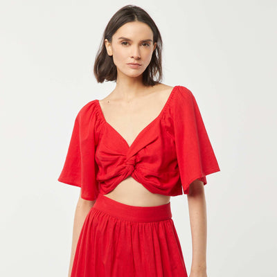 Blouse cropped avec noeud fantaisie et manches forme papillon ROUGE