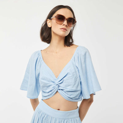 Blouse cropped avec noeud fantaisie et manches forme papillon BLEU