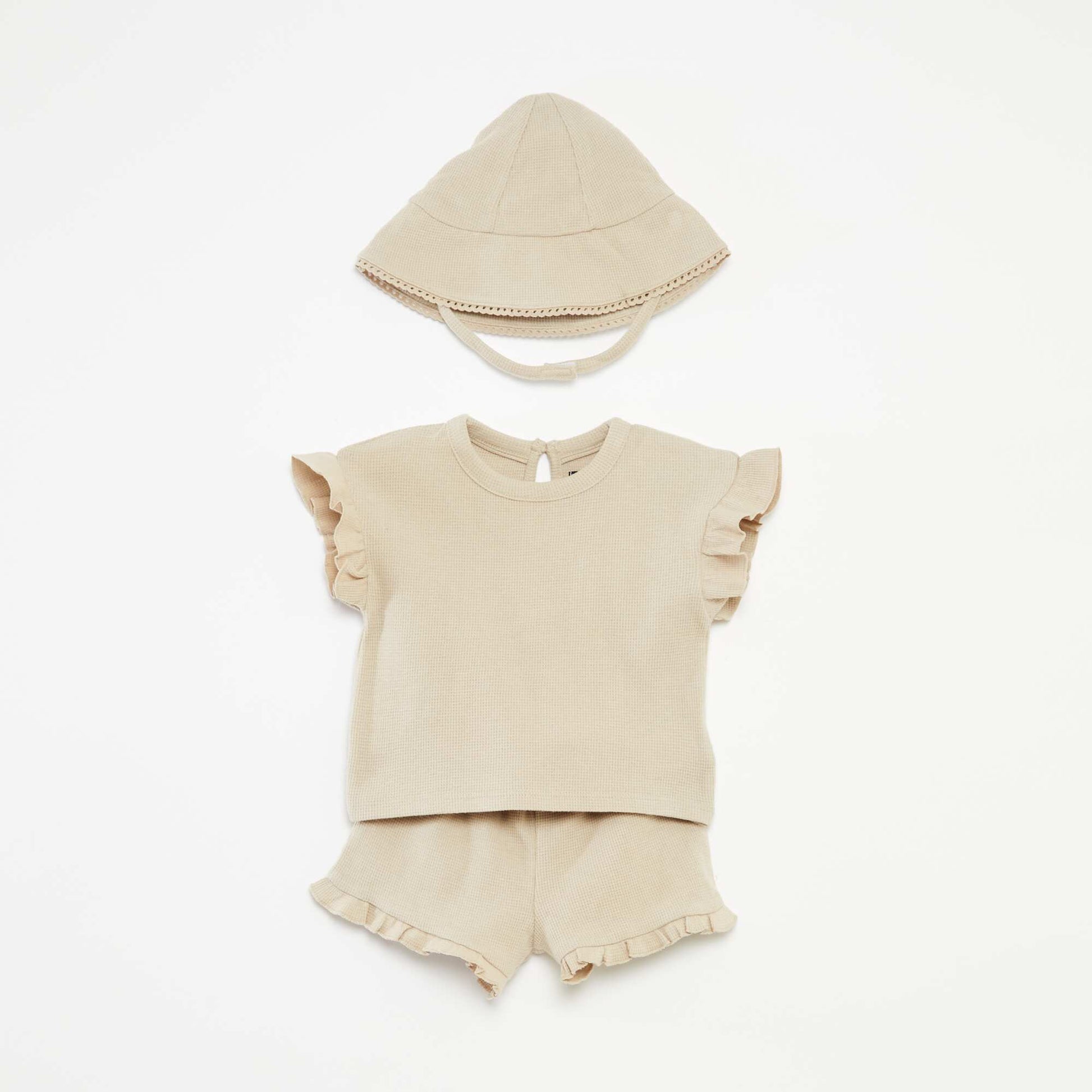 Ensemble t-shirt + short + bob en maille gaufrée - 3 pièces BEIGE