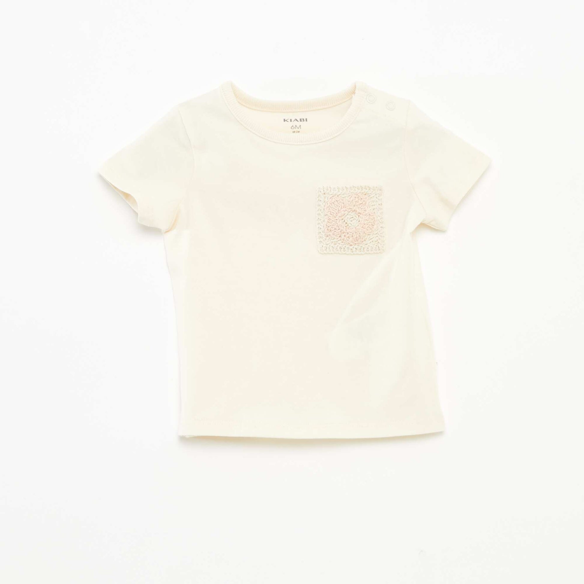 T-shirt manches courtes avec poche poitrine en macramé BLANC