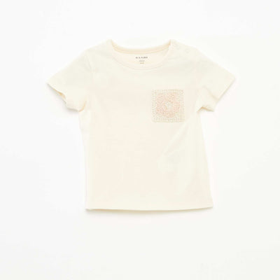 T-shirt manches courtes avec poche poitrine en macramé BLANC