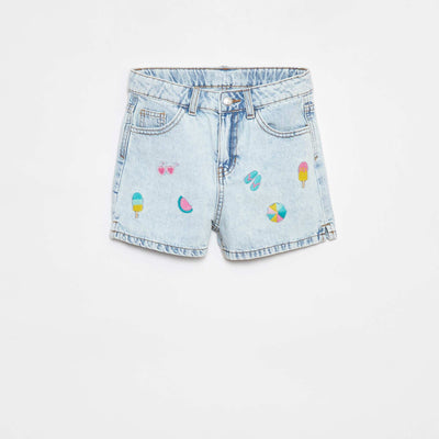 Short en denim avec broderies BLEU