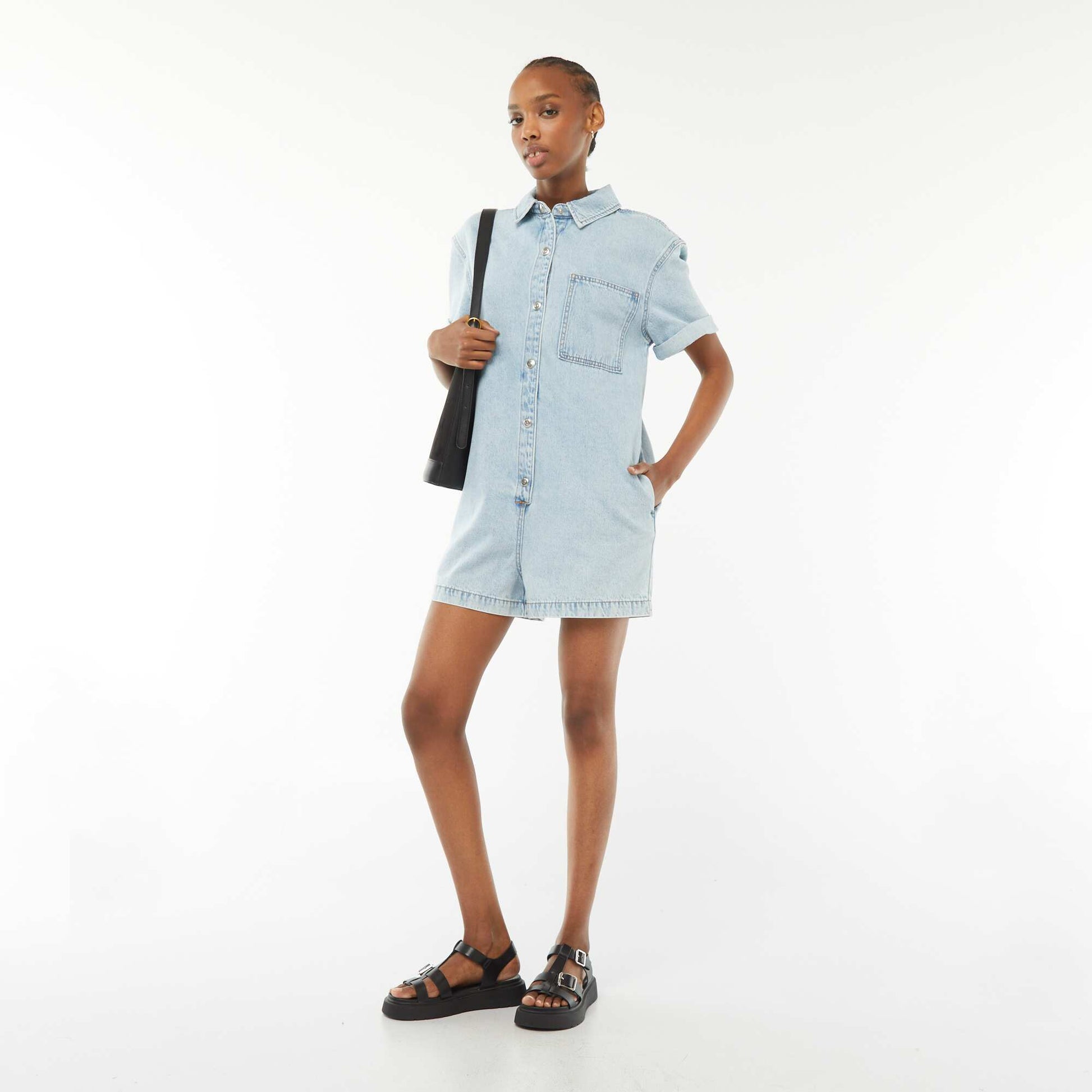 Combishort court en denim à pressions BLEU