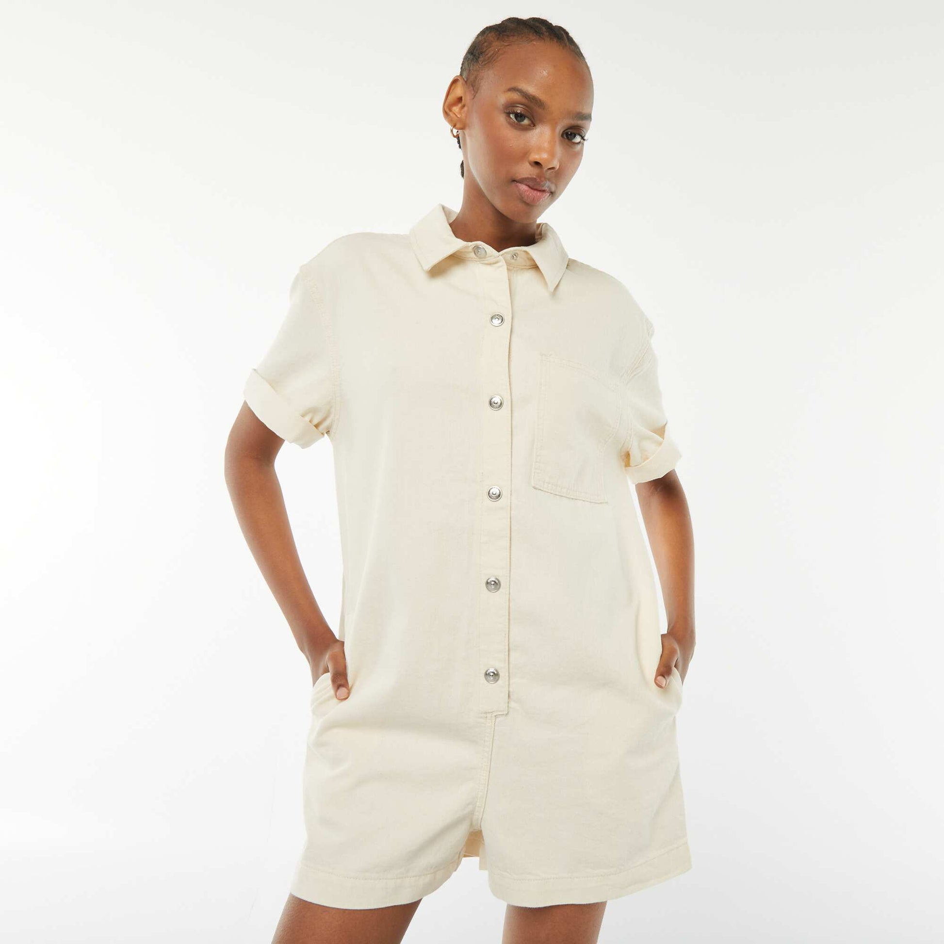 Combishort court en denim à pressions BLANC