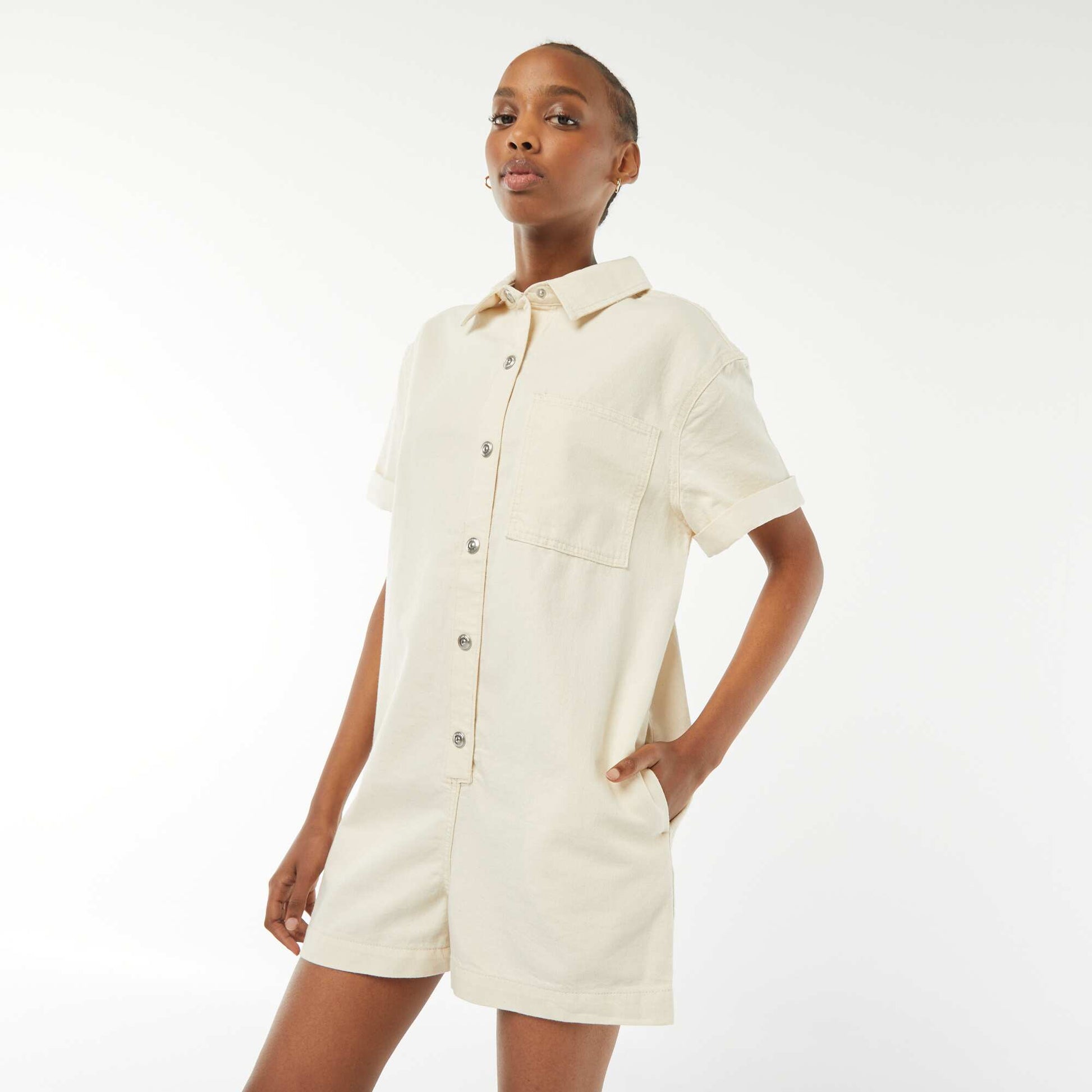 Combishort court en denim à pressions BLANC
