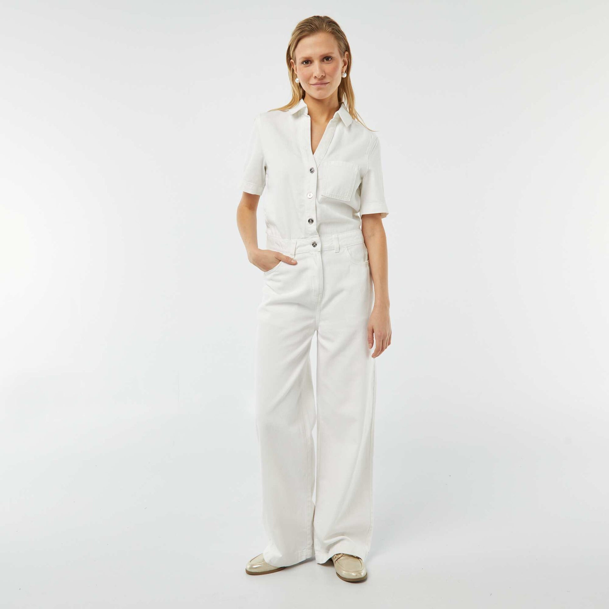 Combinaison longue en jean avec manches courtes BLANC
