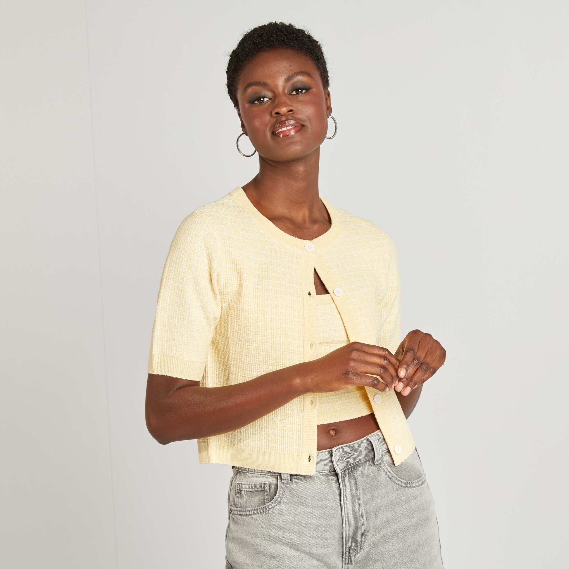 Gilet manches courtes maille carreaux JAUNE