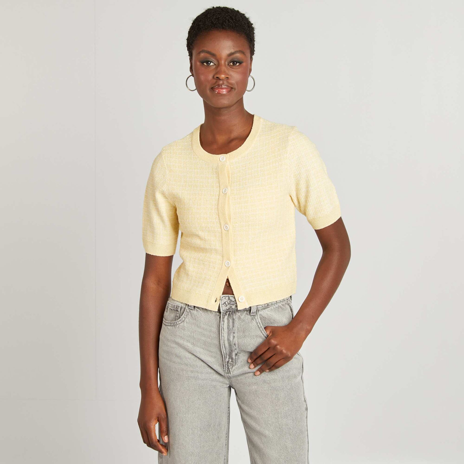 Gilet manches courtes maille carreaux JAUNE