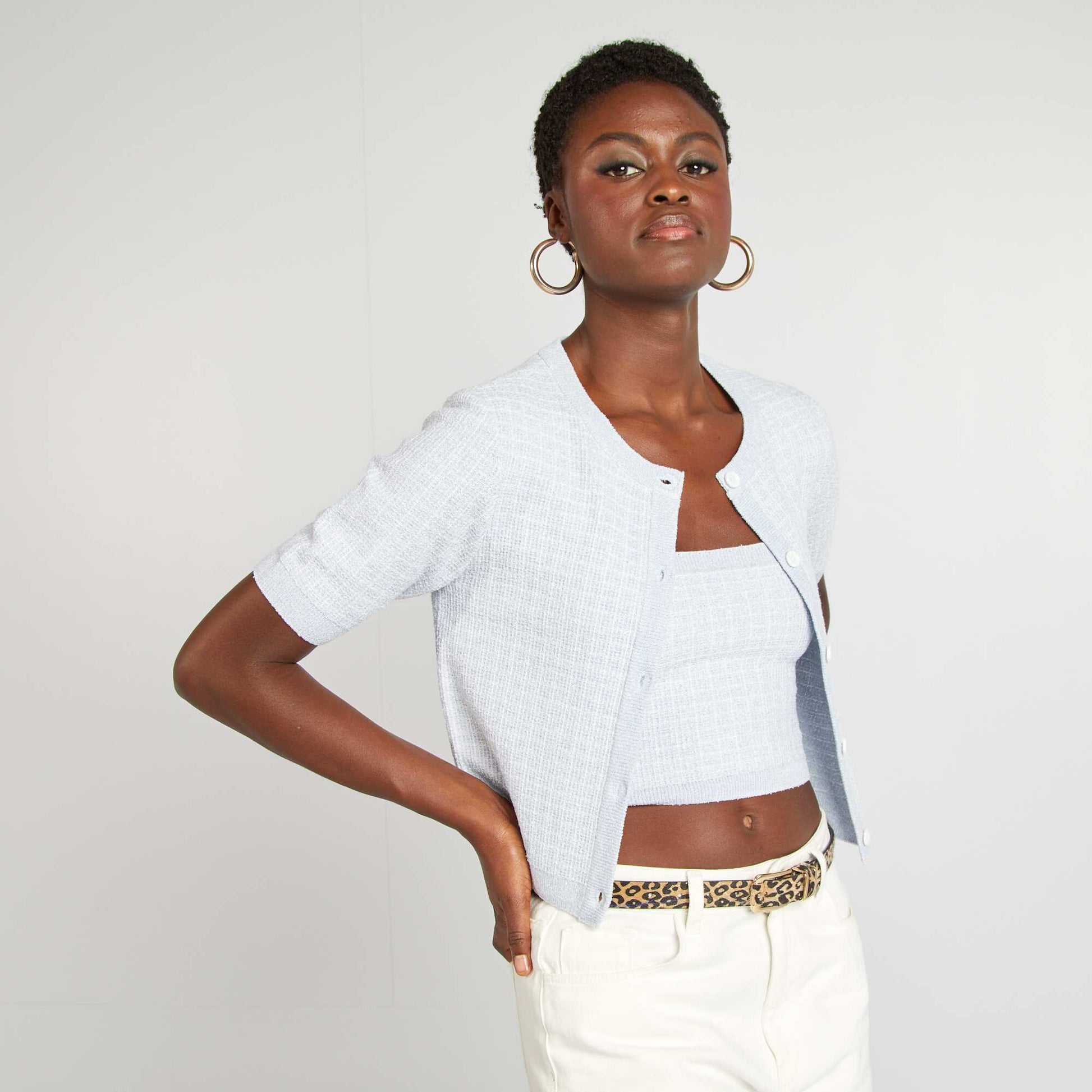 Gilet manches courtes maille carreaux BLEU