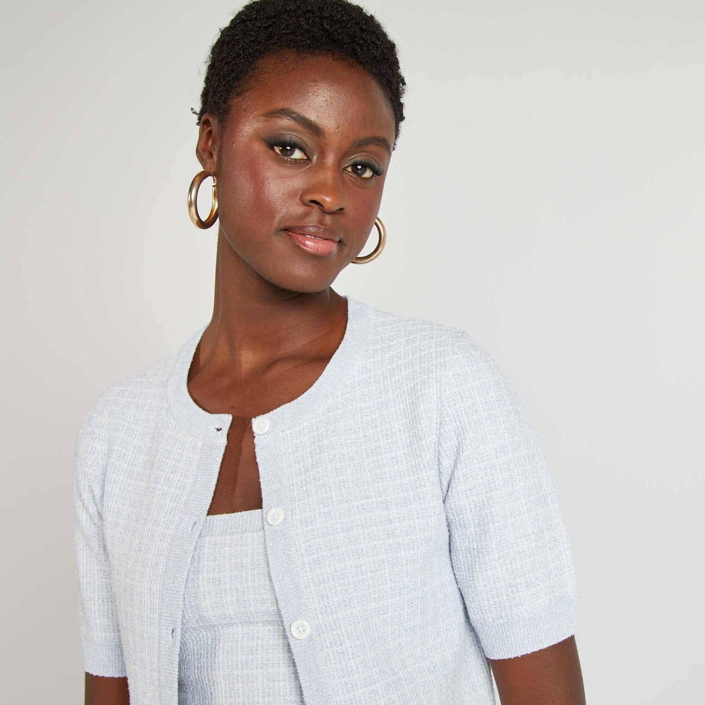 Gilet manches courtes maille carreaux BLEU