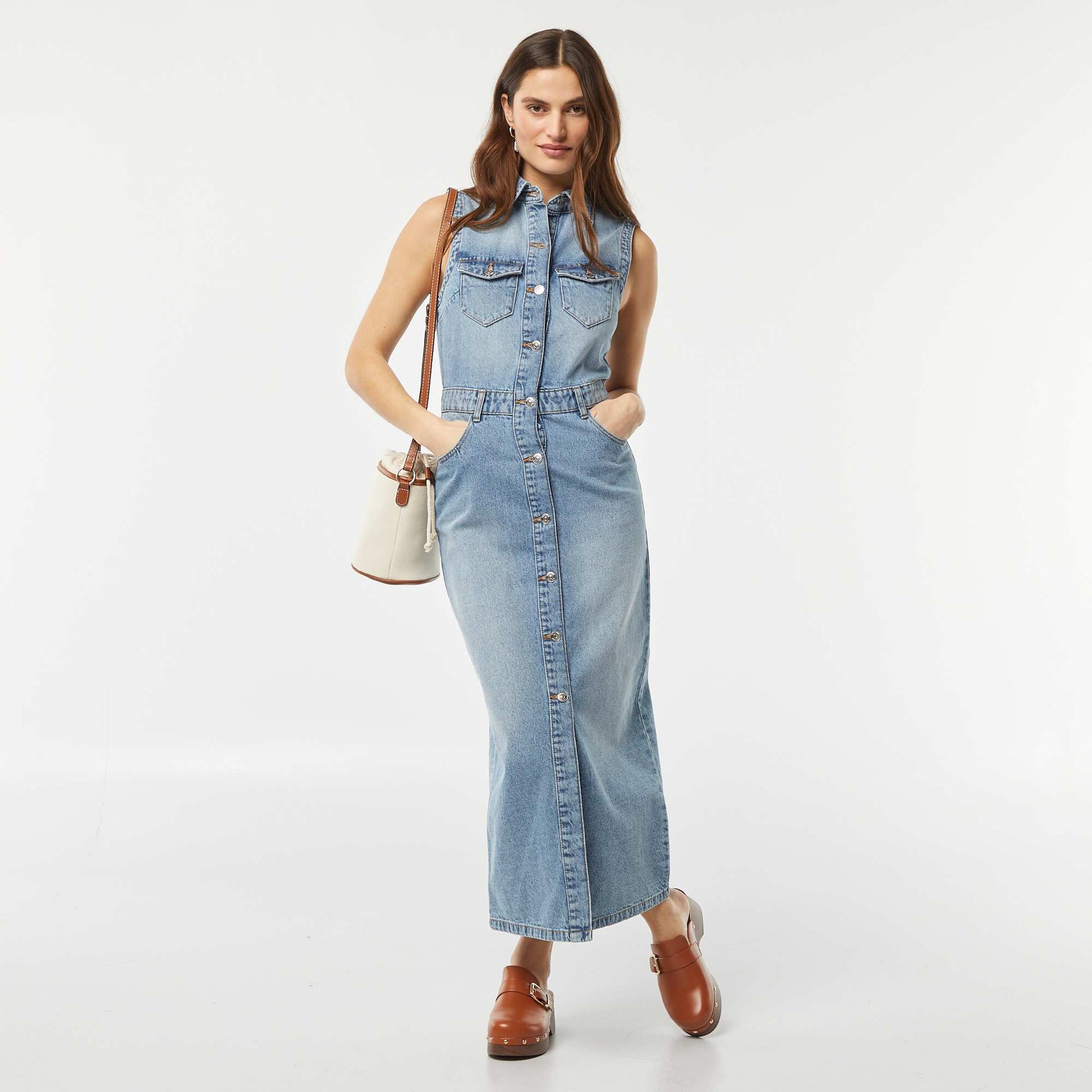 Robe longue en jean sans manches multipoche BLEU