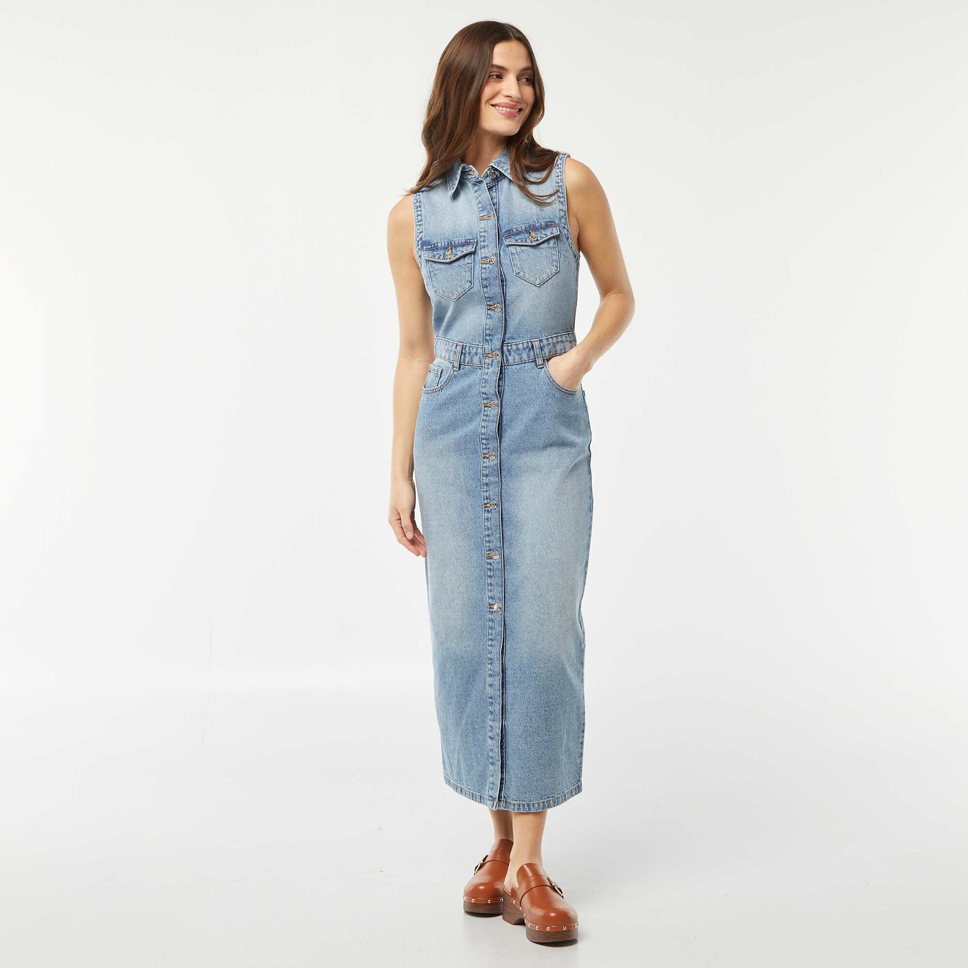 Robe longue en jean sans manches multipoche BLEU