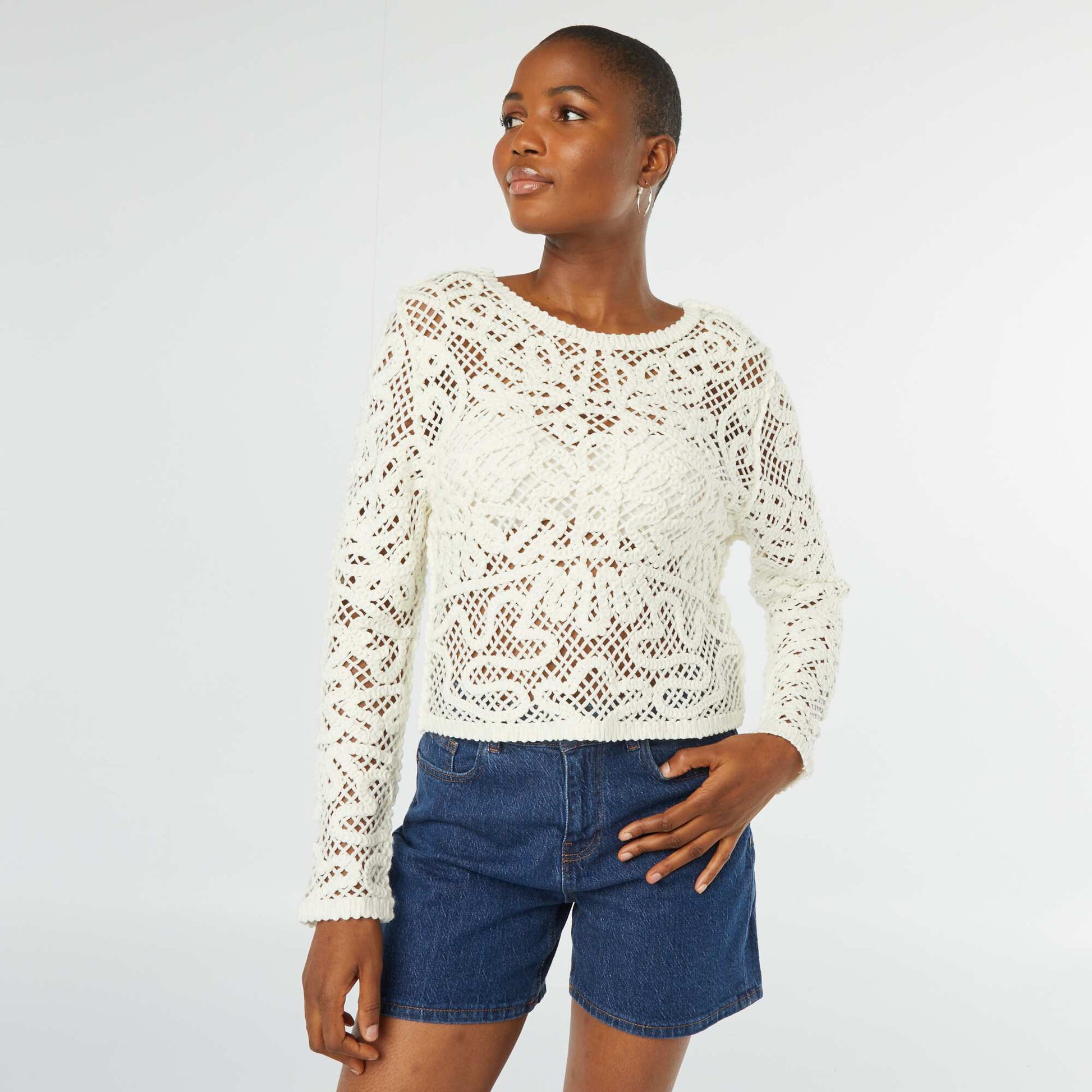 Pull en crochet à manches longues ECRU