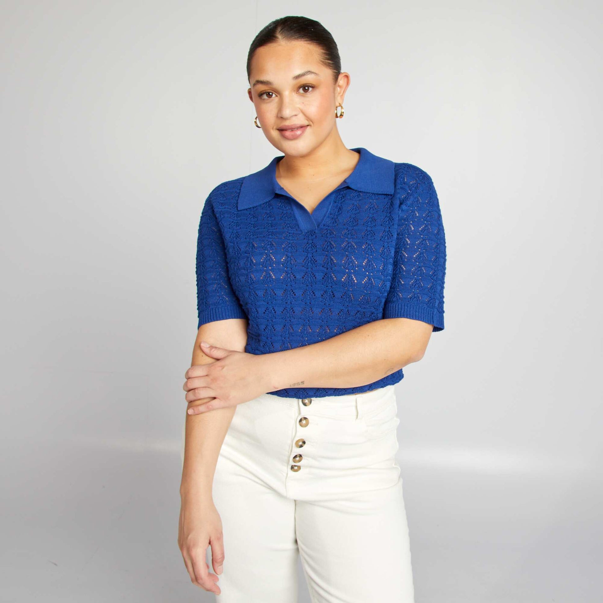Pull crochet à manches courtes BLEU