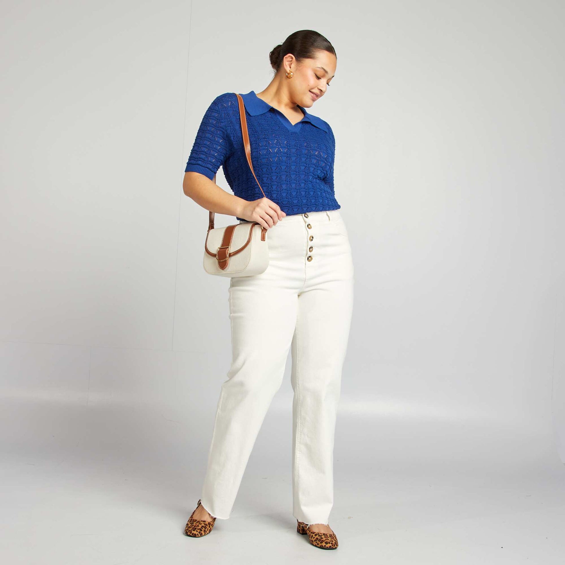 Pull crochet à manches courtes BLEU