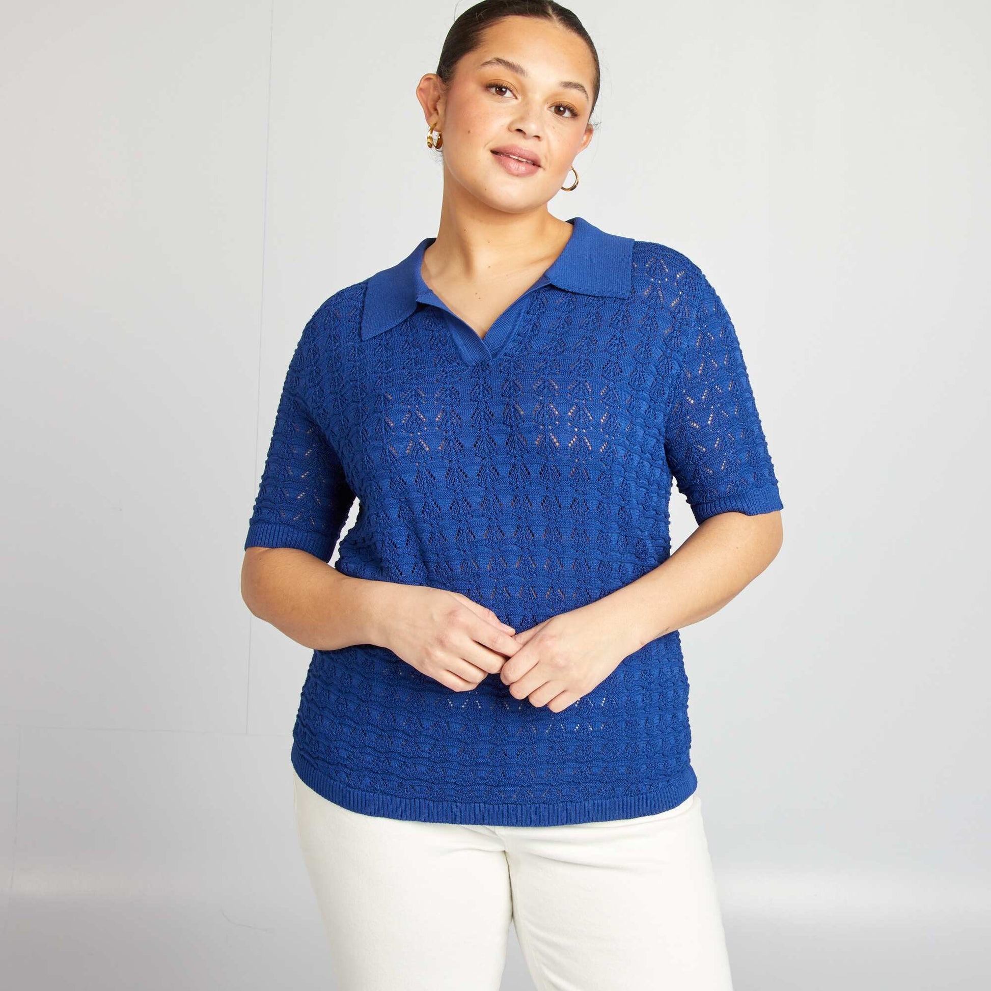 Pull crochet à manches courtes BLEU