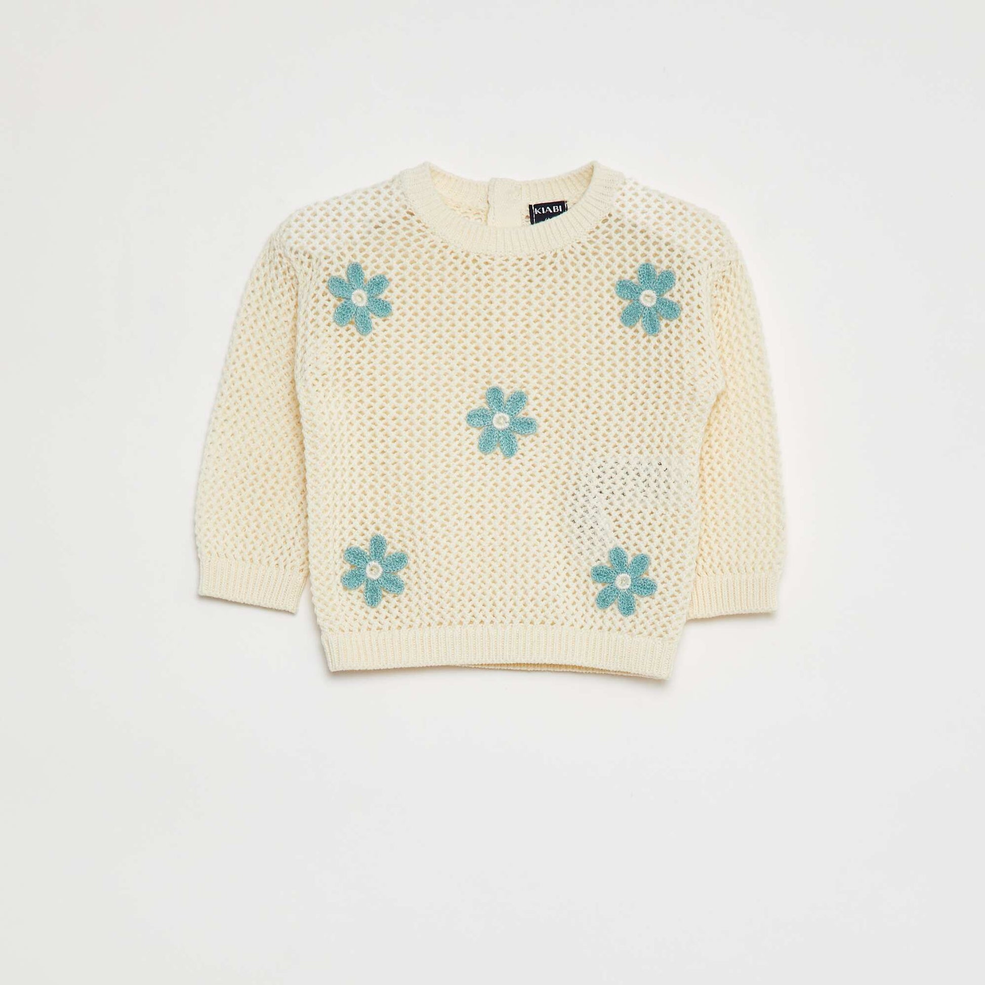 Pull en maille ajourée avec fleurs BLANC