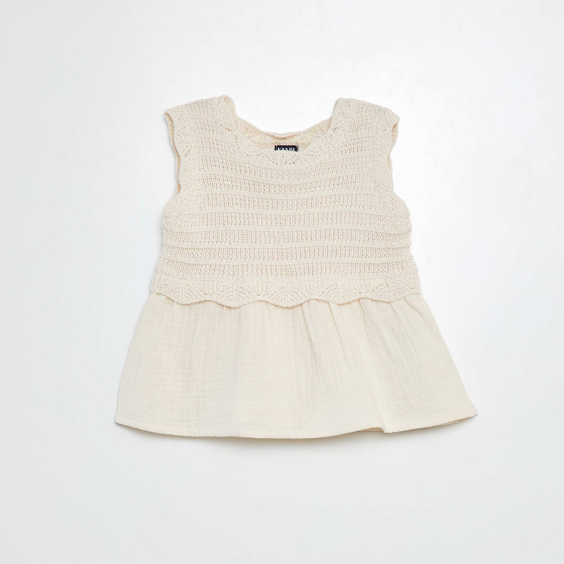 Sweat en crochet sans manches et base en voile de coton BEIGE
