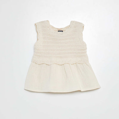 Sweat en crochet sans manches et base en voile de coton BEIGE