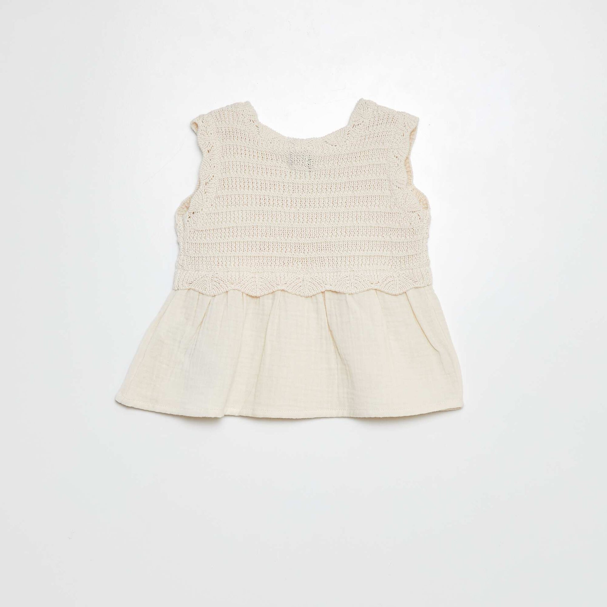 Sweat en crochet sans manches et base en voile de coton BEIGE