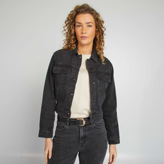 Veste en jean à manches longues avec poches poitrines à rabats GRIS