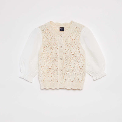 Gilet en tricot boutonné avec manches en gaze de coton BEIGE