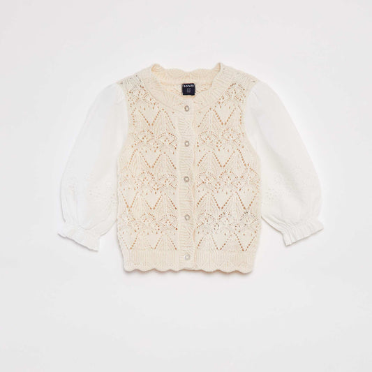 Gilet en tricot boutonné avec manches en gaze de coton BEIGE