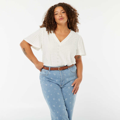 T-shirt maille ajourée avec manches courtes chauve-souris BLANC