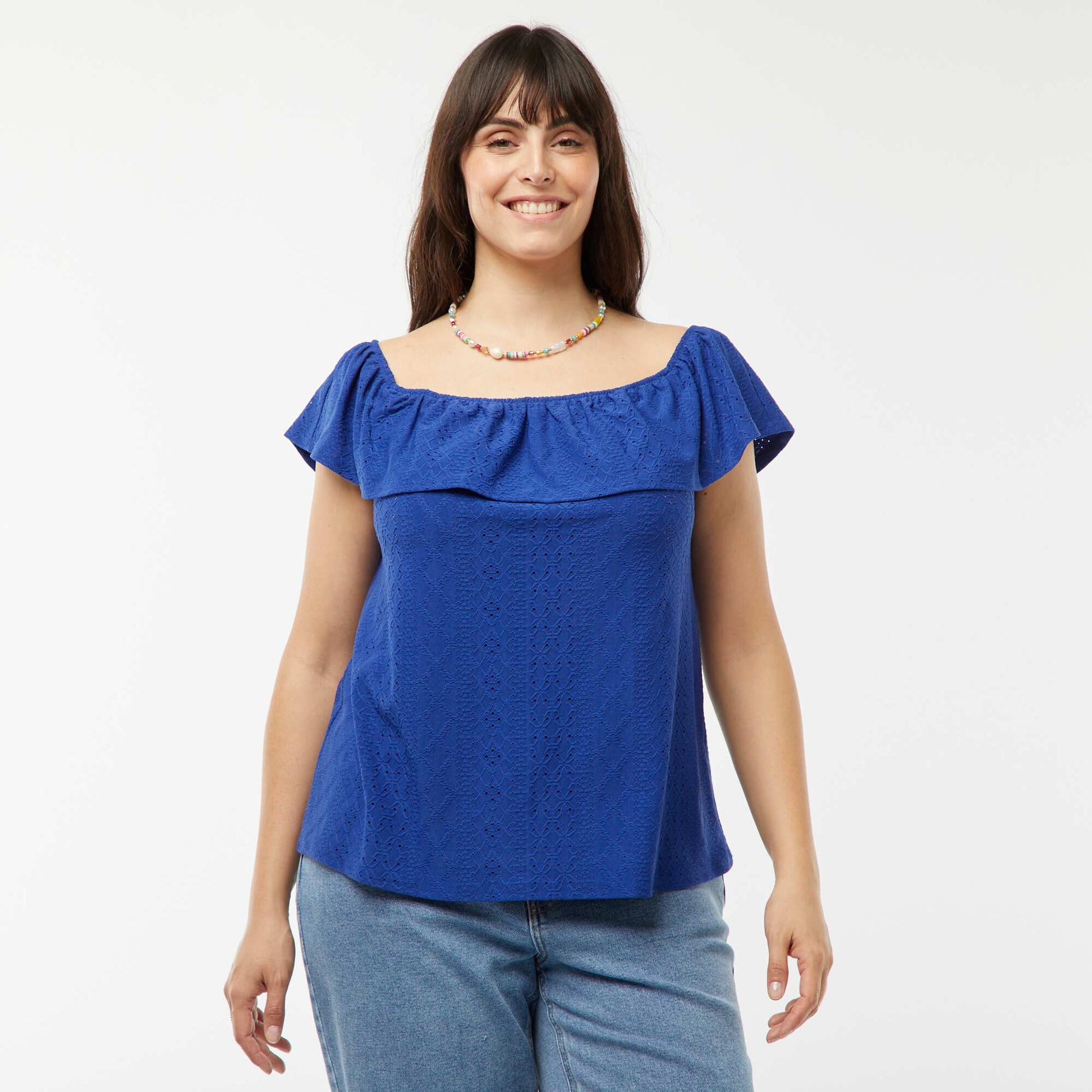 T-shirt en broderie anglaises sans manches avec large volant au col BLEU