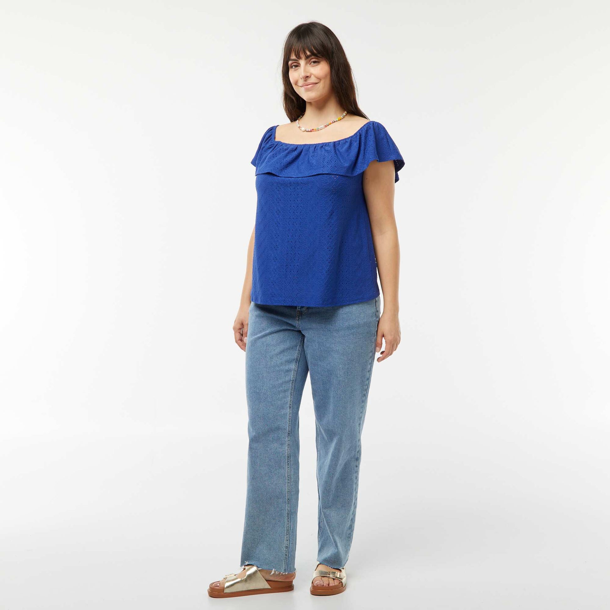 T-shirt en broderie anglaises sans manches avec large volant au col BLEU