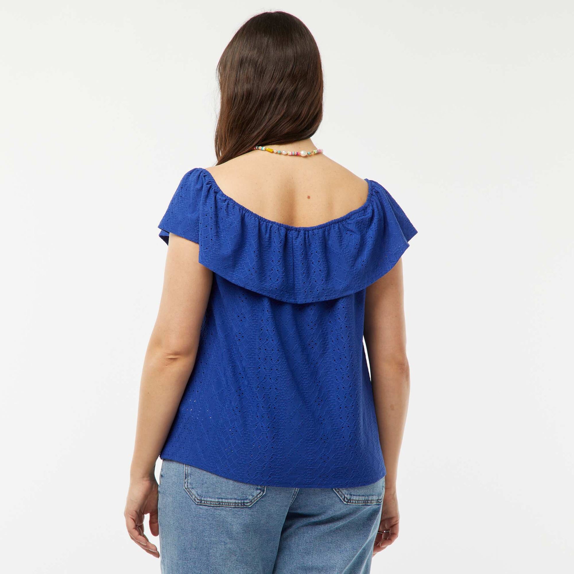 T-shirt en broderie anglaises sans manches avec large volant au col BLEU