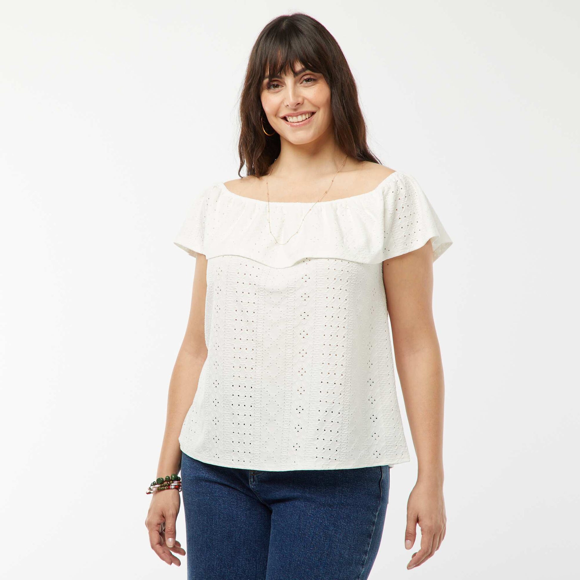 T-shirt en broderie anglaises sans manches avec large volant au col BLANC