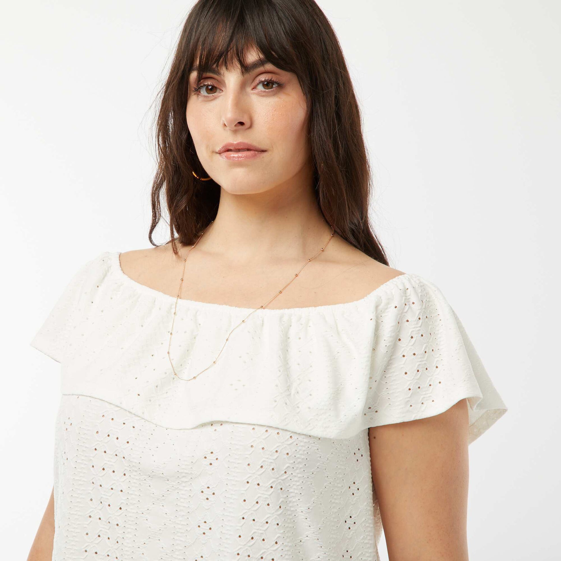 T-shirt en broderie anglaises sans manches avec large volant au col BLANC